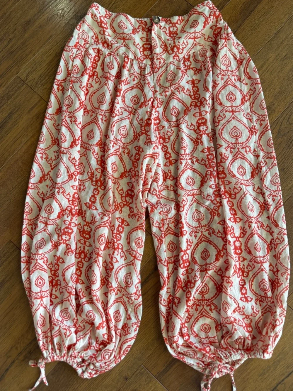 Free People Coral Red Print Balloon Harem Pants Boho Cotton India Large - Picture 1 of 15